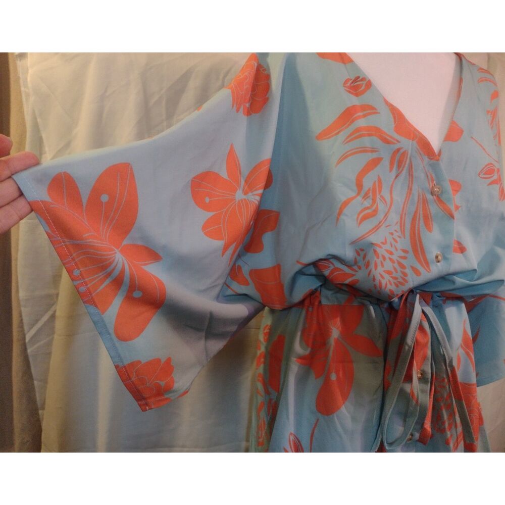 Blue Orange Floral Kimono Dress Size L V-Neck Button Front Tie Waist - Picture 6 of 8